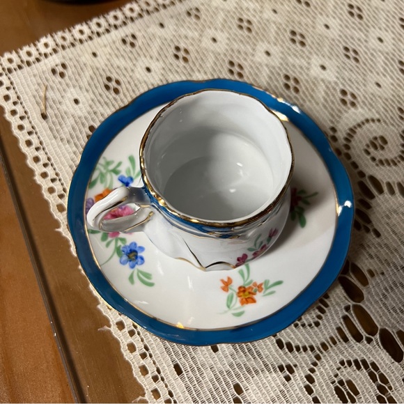 Limoges China White Floral Teacup & Saucer Gold Scroll England Blue Border Vtg - Picture 13 of 14